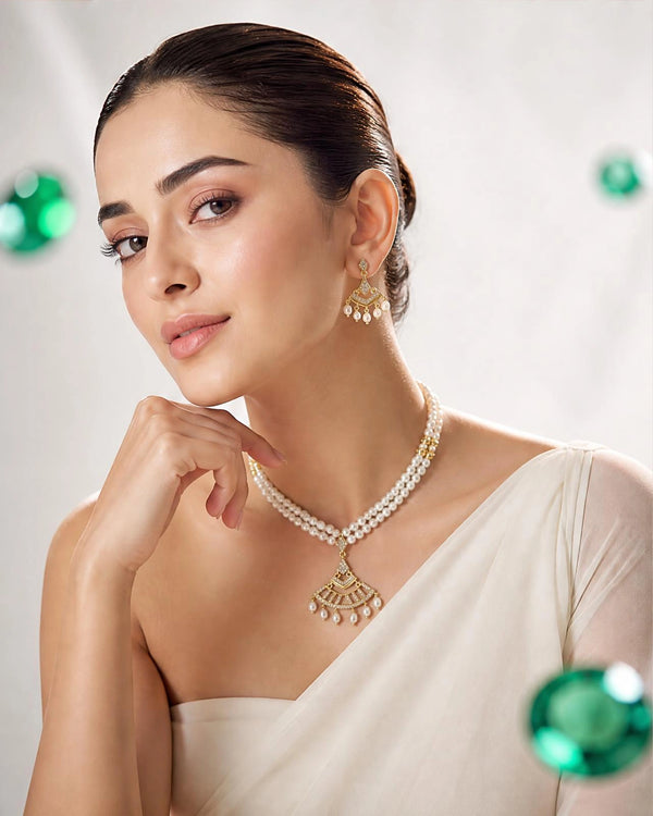 Double-Strand Pearl Necklace and Earring Set with Art Deco Fan Pendant & CZ Accents