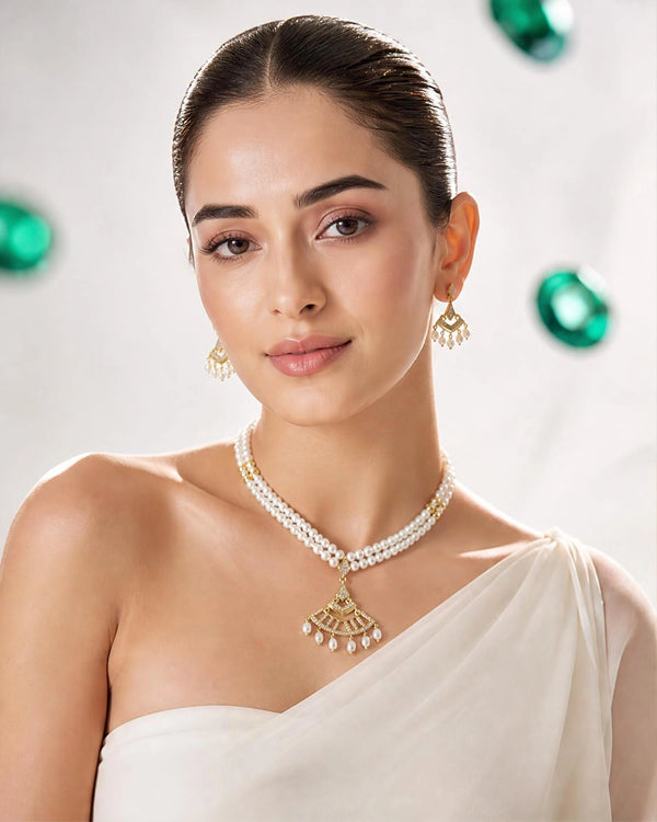 Double-Strand Pearl Necklace and Earring Set with Art Deco Fan Pendant & CZ Accents