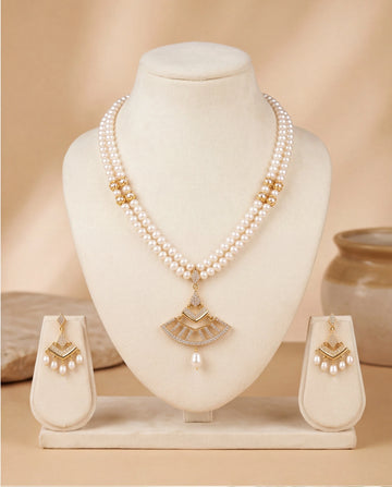 Double-Strand Pearl Necklace and Earring Set with Art Deco Fan Pendant & CZ Accents