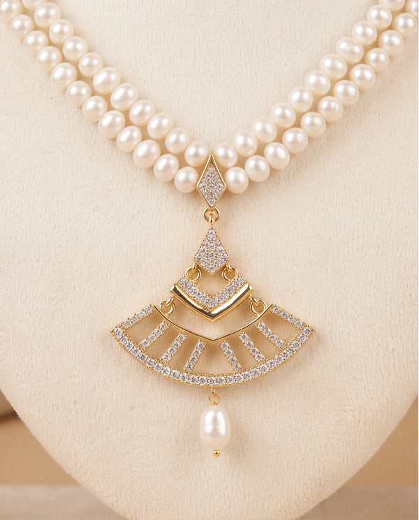 Double-Strand Pearl Necklace and Earring Set with Art Deco Fan Pendant & CZ Accents