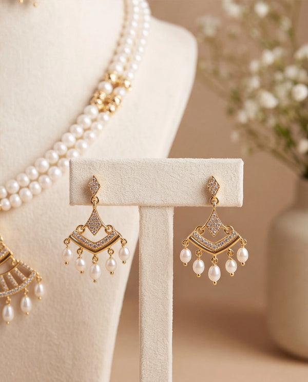 Double-Strand Pearl Necklace and Earring Set with Art Deco Fan Pendant & CZ Accents
