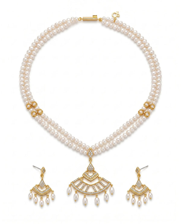 Double-Strand Pearl Necklace and Earring Set with Art Deco Fan Pendant & CZ Accents