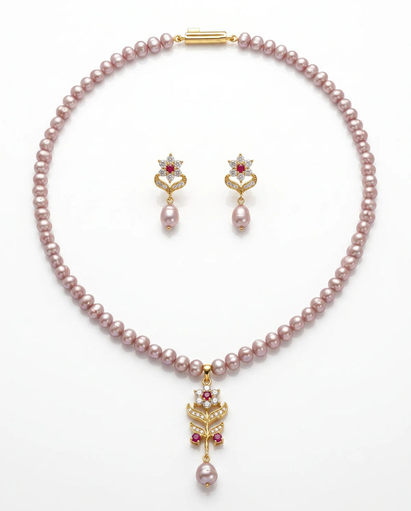 Elegant Peach Pearl Floral Necklace Set