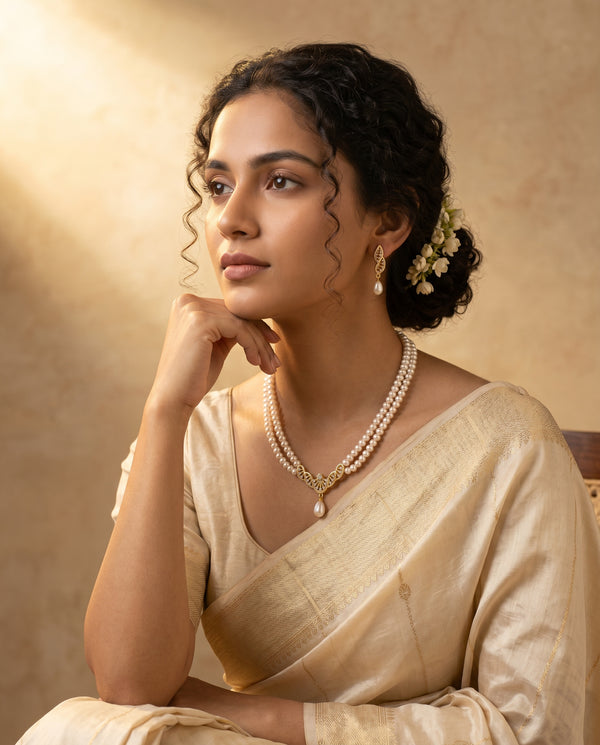 Elegant Double-Strand Pearl Necklace & Infinity Swirl Earring Set