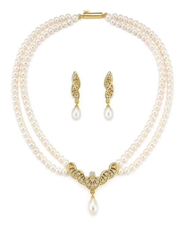 Elegant Double-Strand Pearl Necklace & Infinity Swirl Earring Set