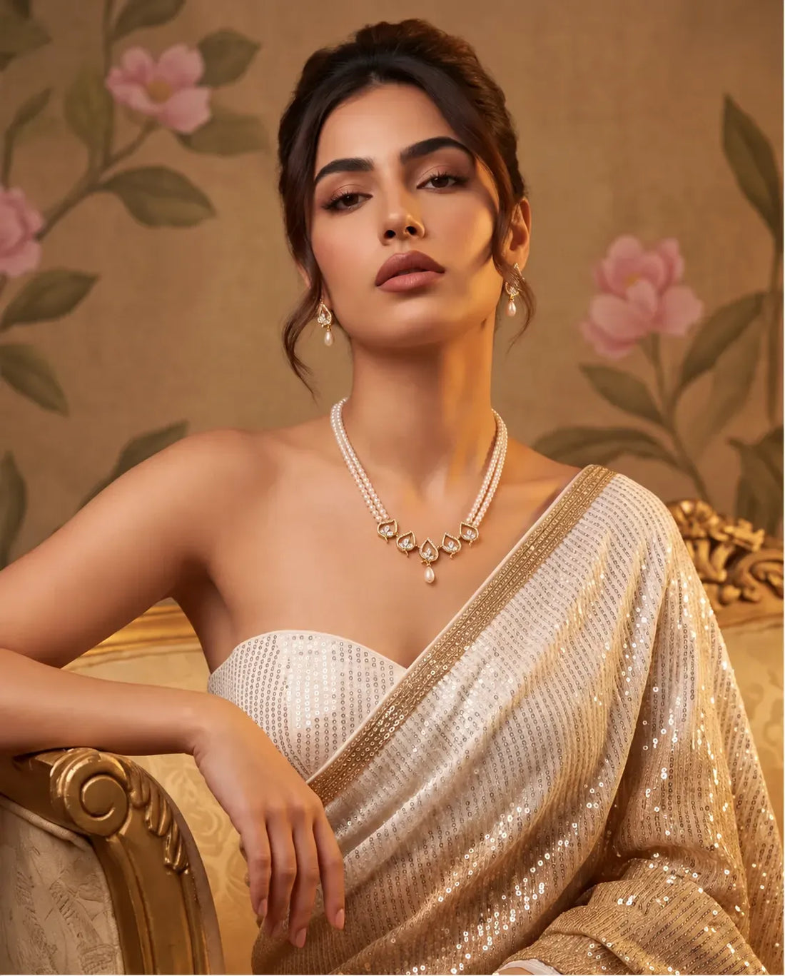 Gold-Plated Double-Strand Cream Pearl Necklace Set with Lotus Leaf CZ Centrepiece