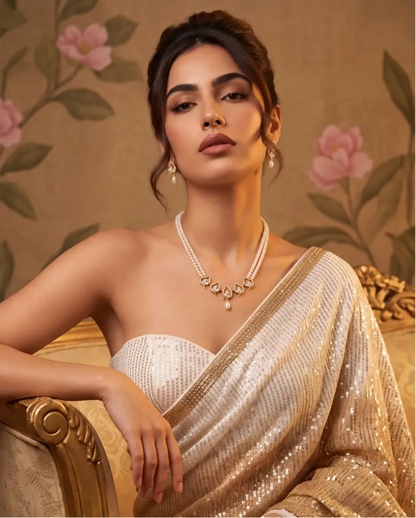 Gold-Plated Double-Strand Cream Pearl Necklace Set with Lotus Leaf CZ Centrepiece