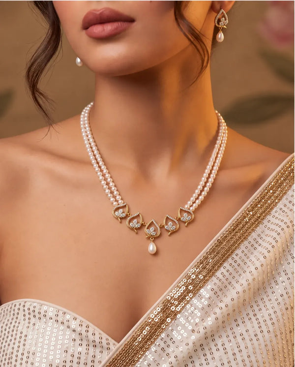 Gold-Plated Double-Strand Cream Pearl Necklace Set with Lotus Leaf CZ Centrepiece