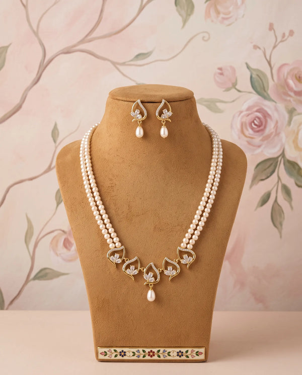 Gold-Plated Double-Strand Cream Pearl Necklace Set with Lotus Leaf CZ Centrepiece