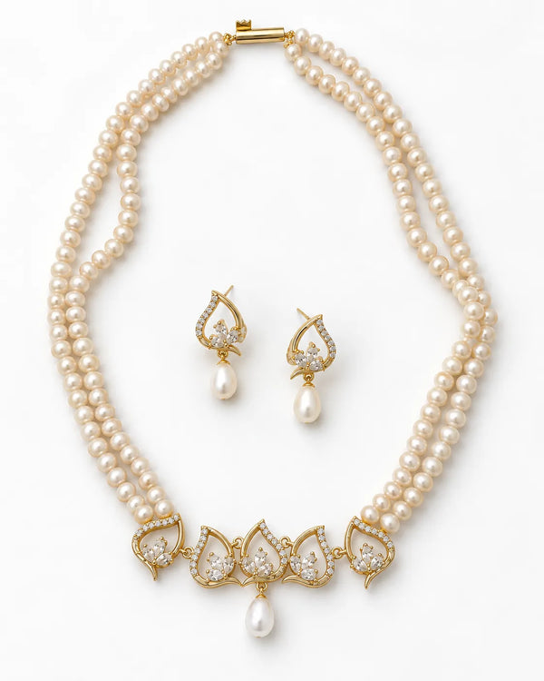 Gold-Plated Double-Strand Cream Pearl Necklace Set with Lotus Leaf CZ Centrepiece