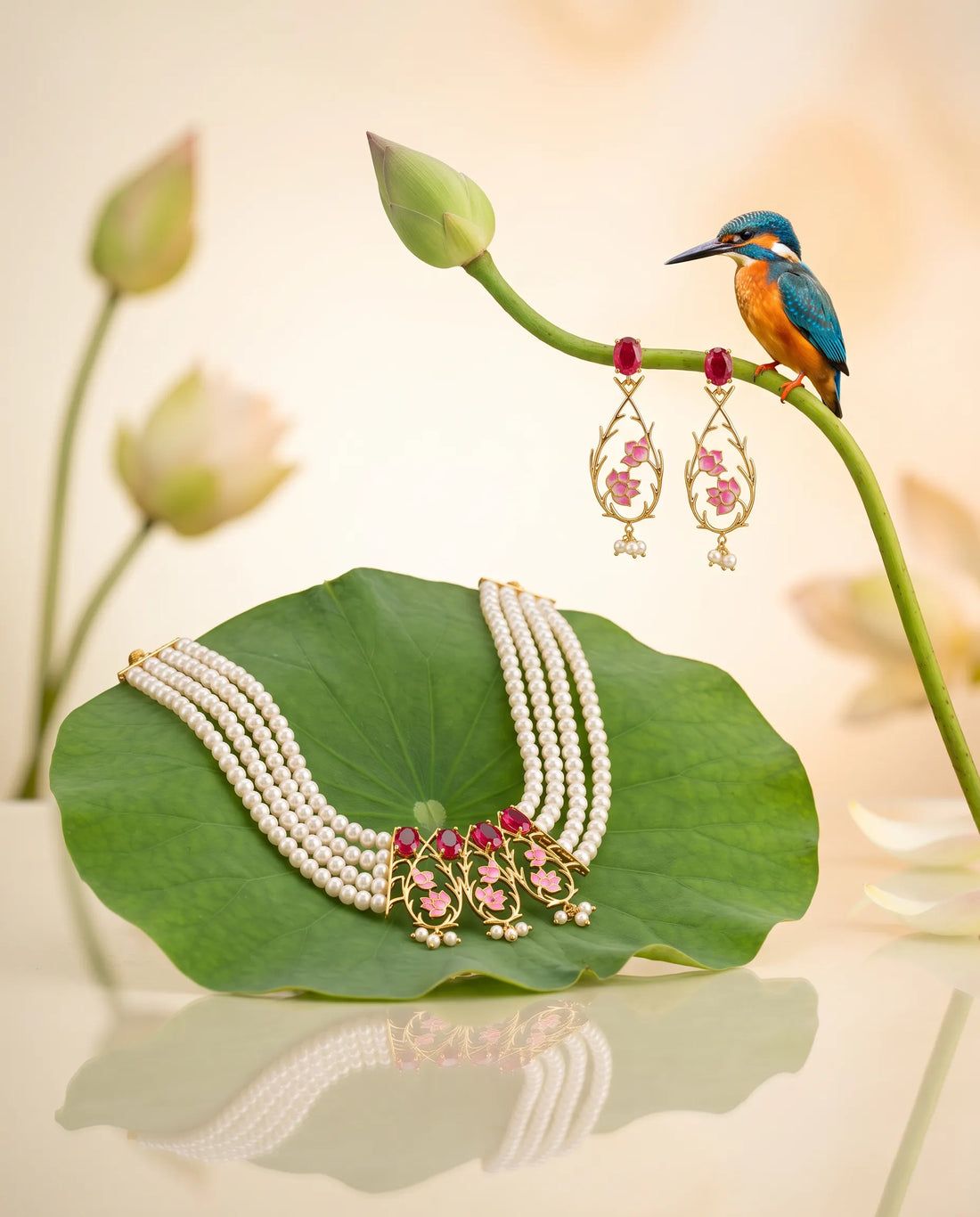 Pink Enamel Lotus & Ruby CZ Multi-Strand Pearl Necklace Set