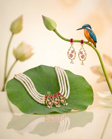 Pink Enamel Lotus & Ruby CZ Multi-Strand Pearl Necklace Set