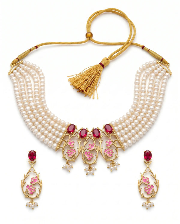 Pink Enamel Lotus & Ruby CZ Multi-Strand Pearl Necklace Set