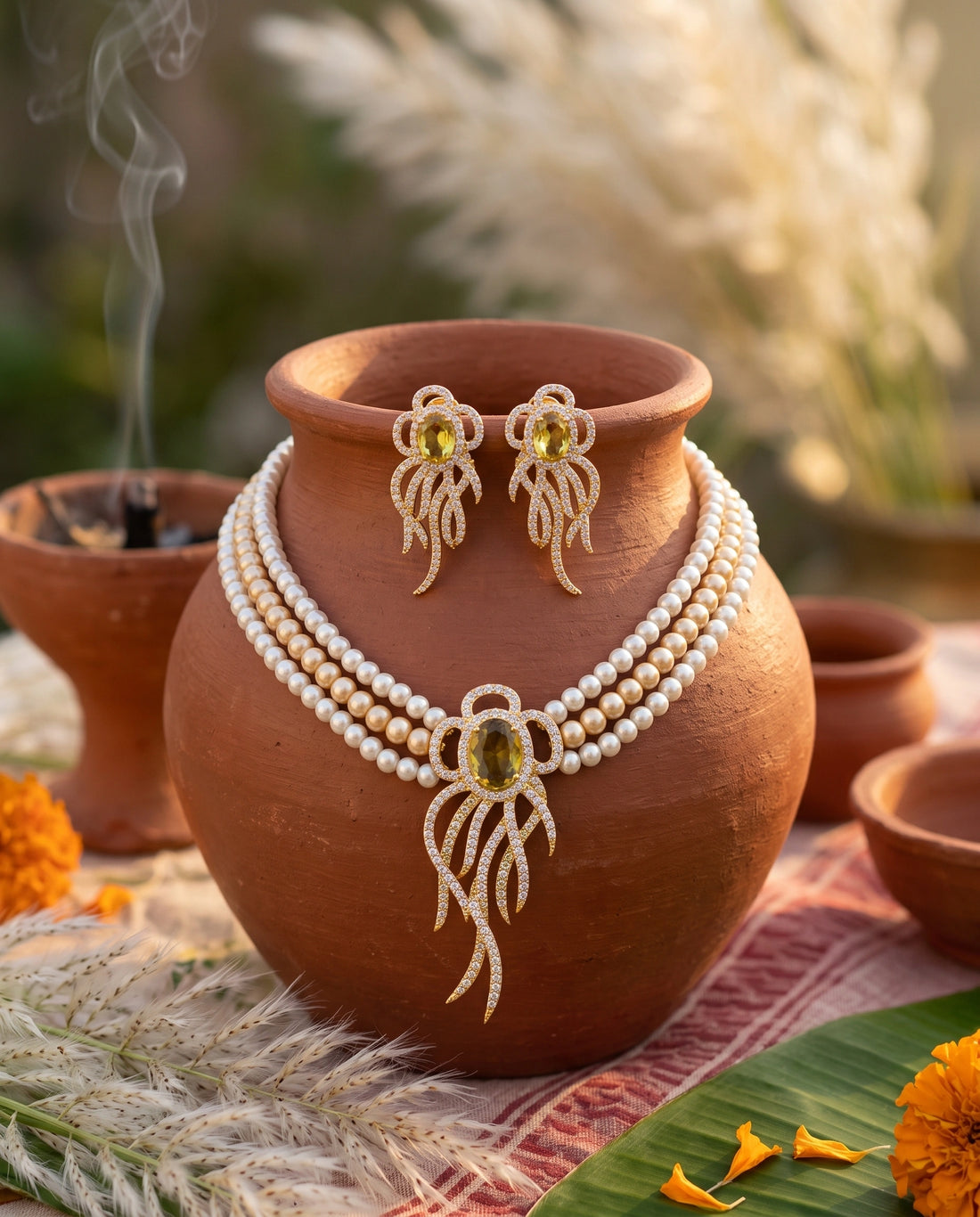 Gold-Tone Yellow CZ Three-Strand Dual Tone Pearl Jewellery Set