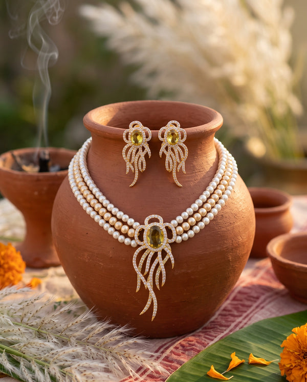 Gold-Tone Yellow CZ Three-Strand Dual Tone Pearl Jewellery Set