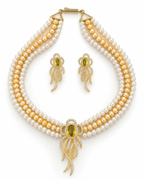 Gold-Tone Yellow CZ Three-Strand Dual Tone Pearl Jewellery Set