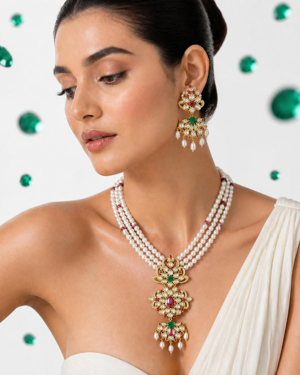 Royal Kundan & Multi-Gemstone Tiered Pendant Pearl Long Necklace Set