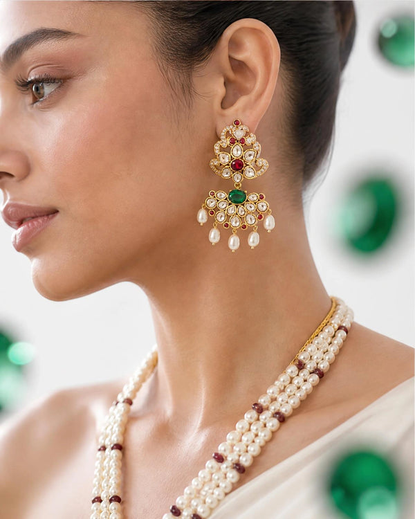 Royal Kundan & Multi-Gemstone Tiered Pendant Pearl Long Necklace Set