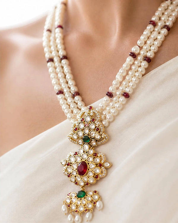 Royal Kundan & Multi-Gemstone Tiered Pendant Pearl Long Necklace Set