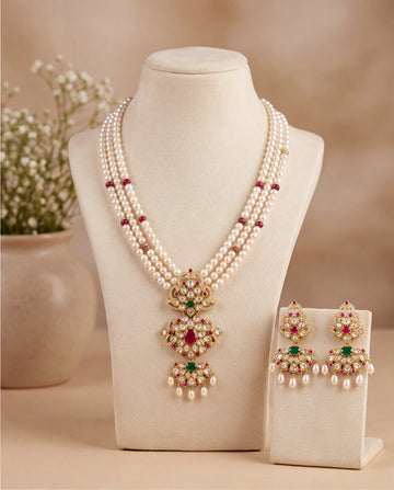 Royal Kundan & Multi-Gemstone Tiered Pendant Pearl Long Necklace Set