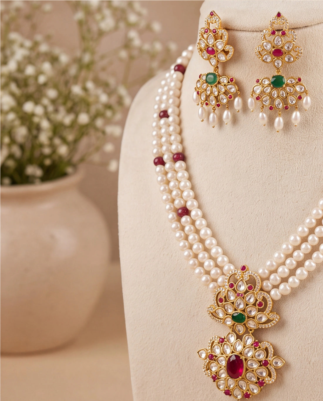 Royal Kundan & Multi-Gemstone Tiered Pendant Pearl Long Necklace Set
