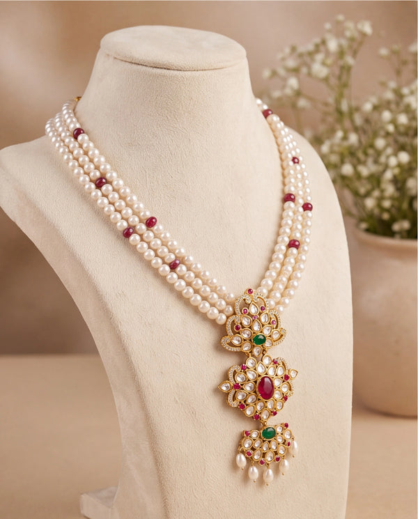 Royal Kundan & Multi-Gemstone Tiered Pendant Pearl Long Necklace Set