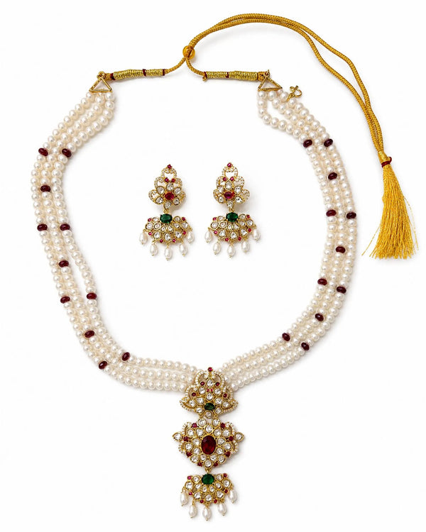 Royal Kundan & Multi-Gemstone Tiered Pendant Pearl Long Necklace Set