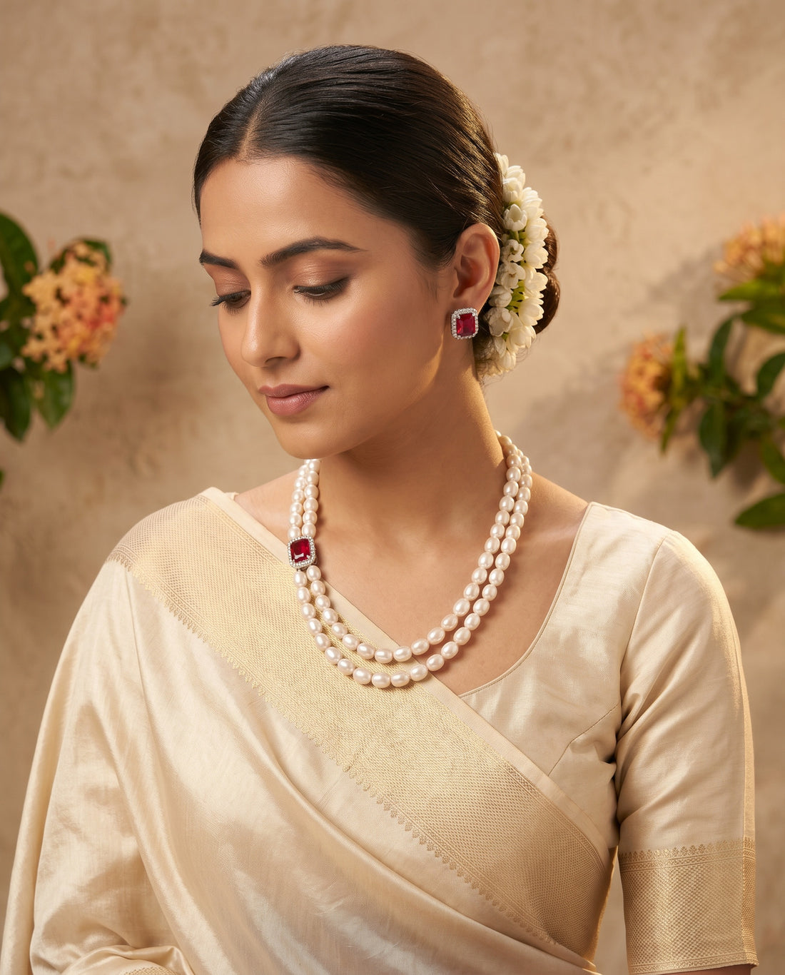 Regal Double Strand Pearl Mala Necklace Set