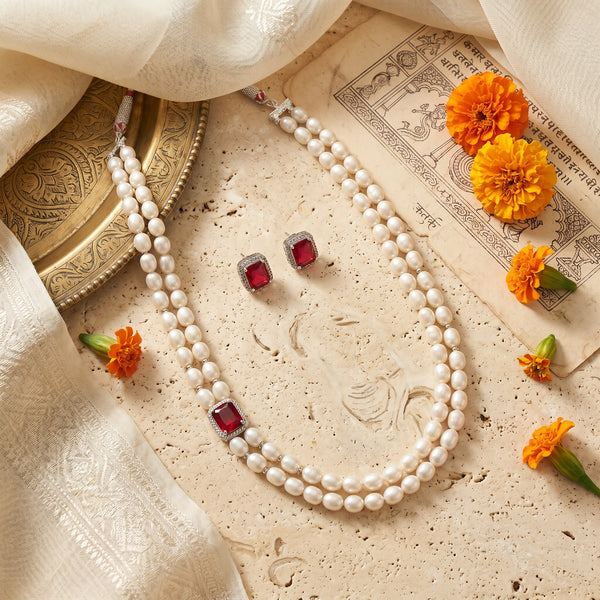 Regal Double Strand Pearl Mala Necklace Set