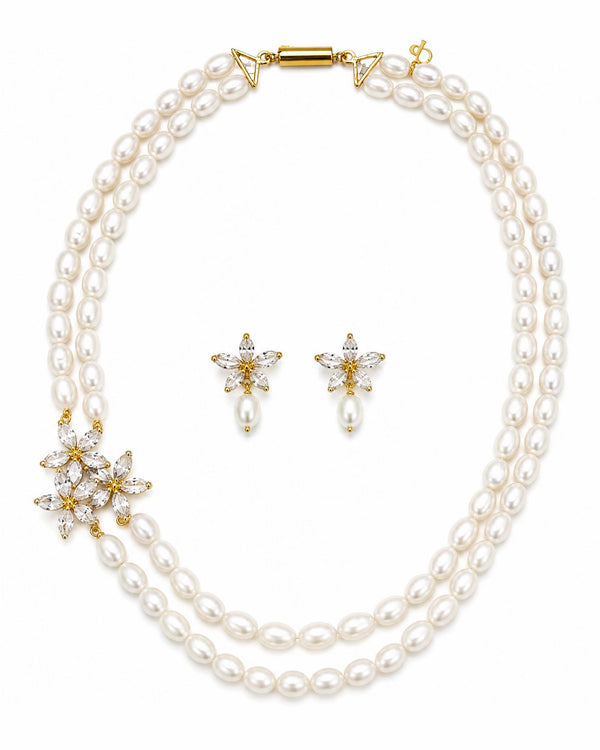 Jasmine Blossom Double-Strand Pearl Necklace & Drop Earring Set