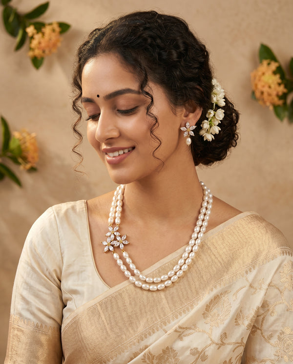 Jasmine Blossom Double-Strand Pearl Necklace & Drop Earring Set