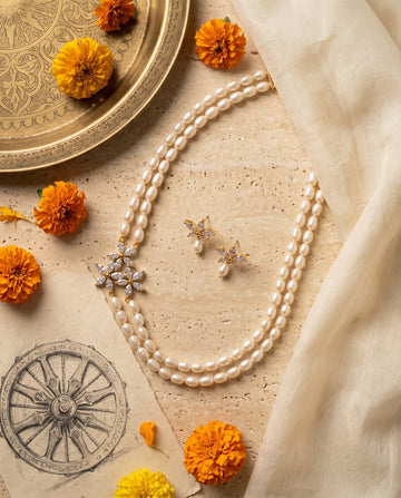 Jasmine Blossom Double-Strand Pearl Necklace & Drop Earring Set