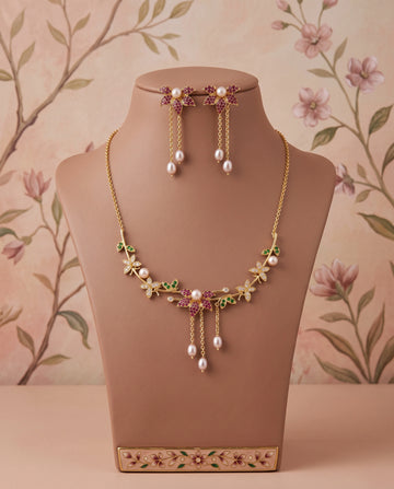 Artisanal Garden Bloom Floral Charms Pearl Jewellery Set