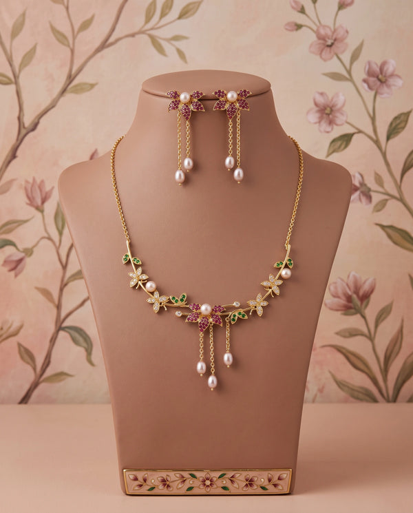 Artisanal Garden Bloom Floral Charms Pearl Jewellery Set