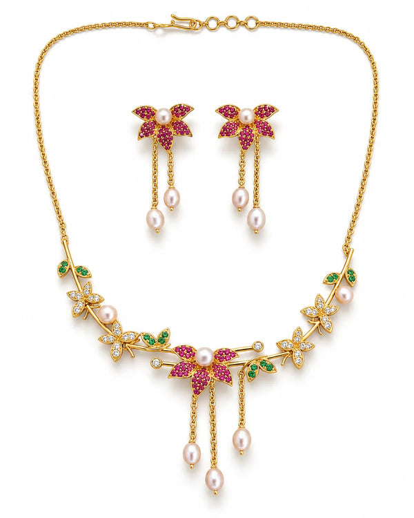 Artisanal Garden Bloom Floral Charms Pearl Jewellery Set