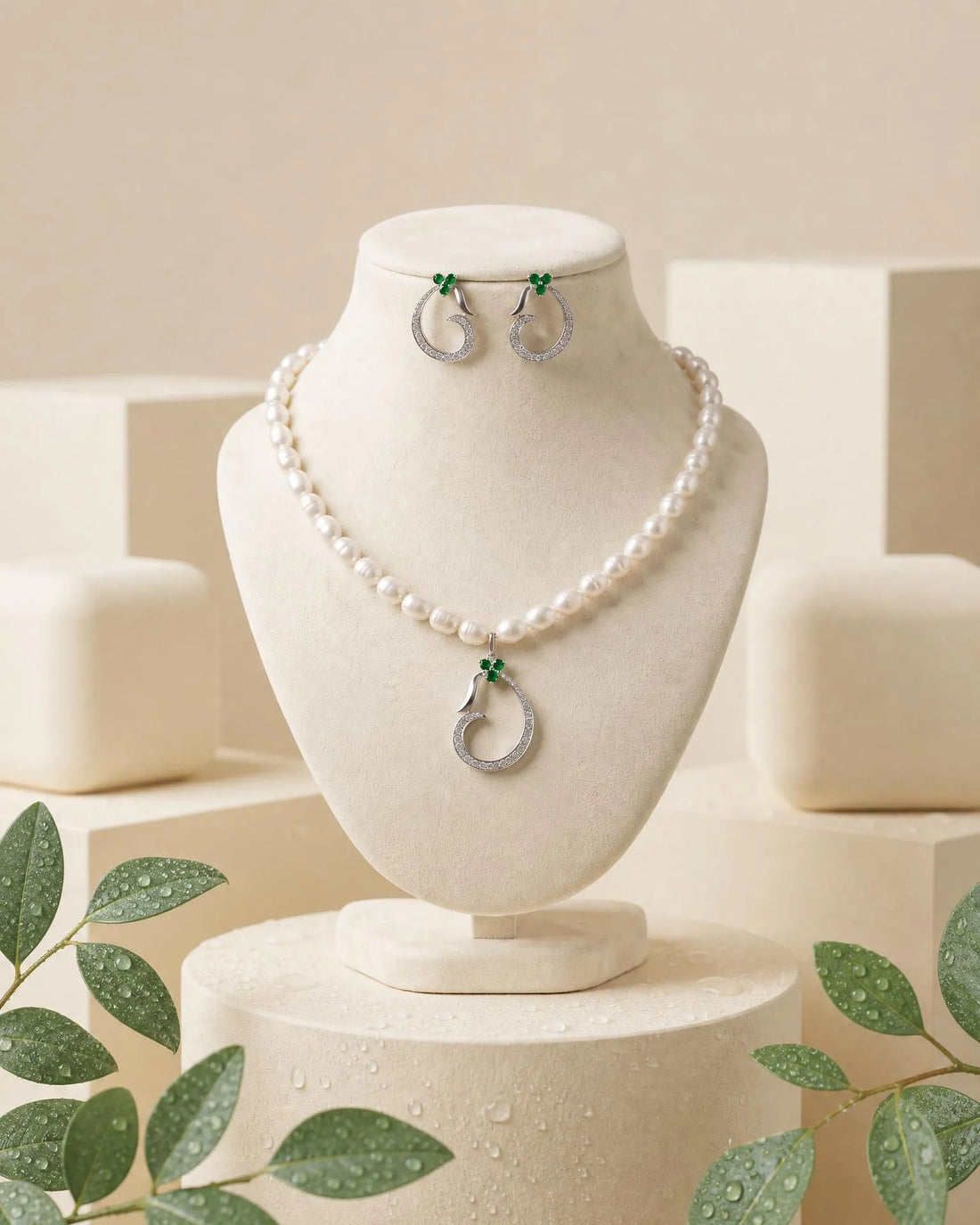 Swirl Pearl Necklace with Dangle Earrings Set