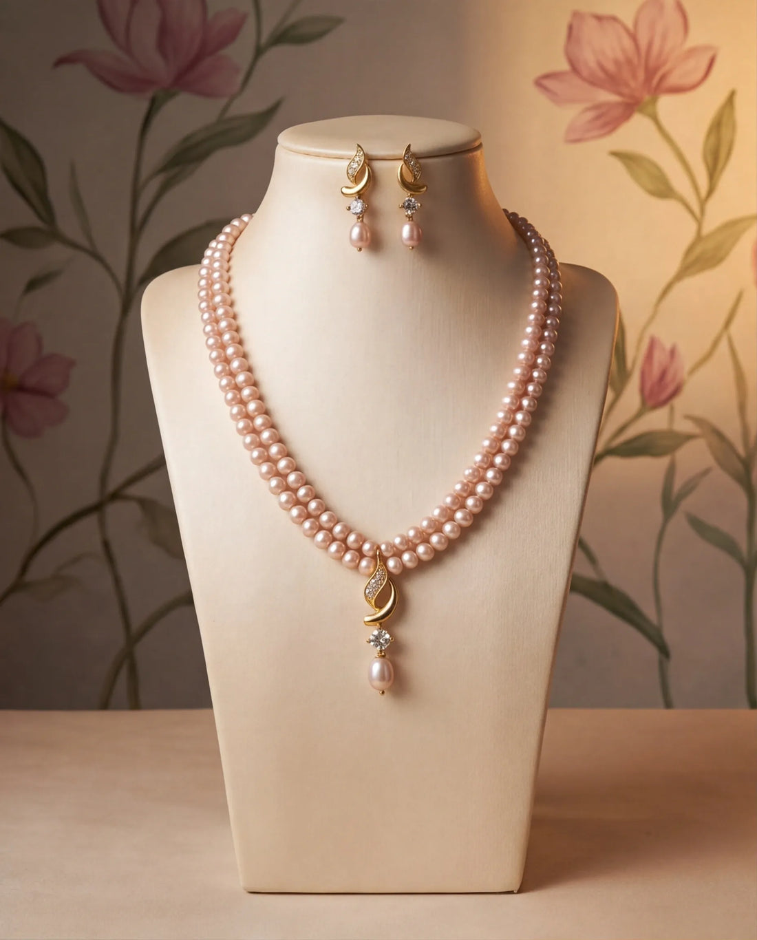 Gold-Plated Swirl CZ Double-Strand Peach Pearl Necklace Set