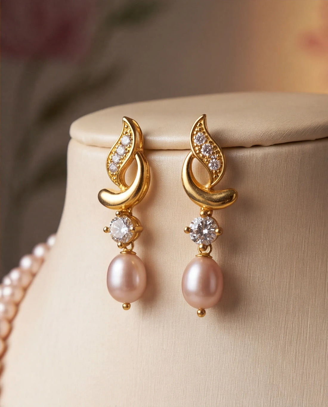 Gold-Plated Swirl CZ Double-Strand Peach Pearl Necklace Set