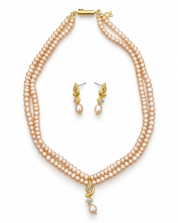 Gold-Plated Swirl CZ Double-Strand Peach Pearl Necklace Set