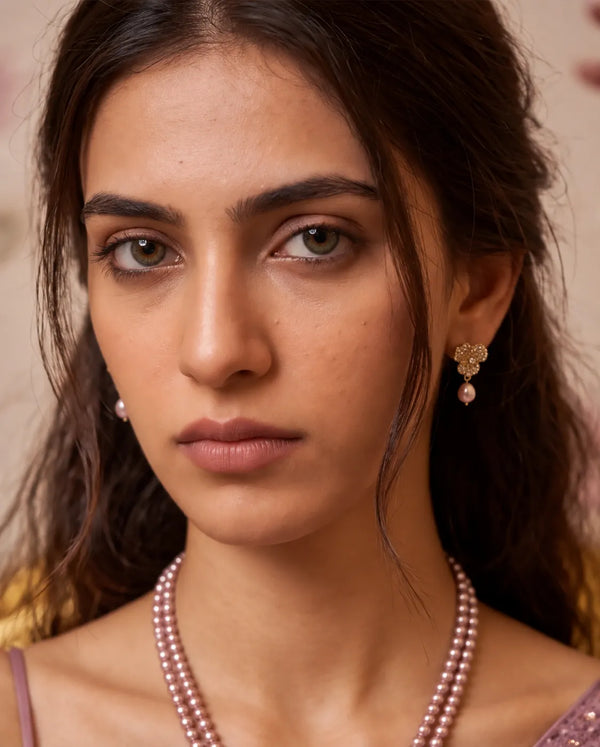 Gold-Plated Cascading Floral Double-Strand Pink Pearl Necklace Set