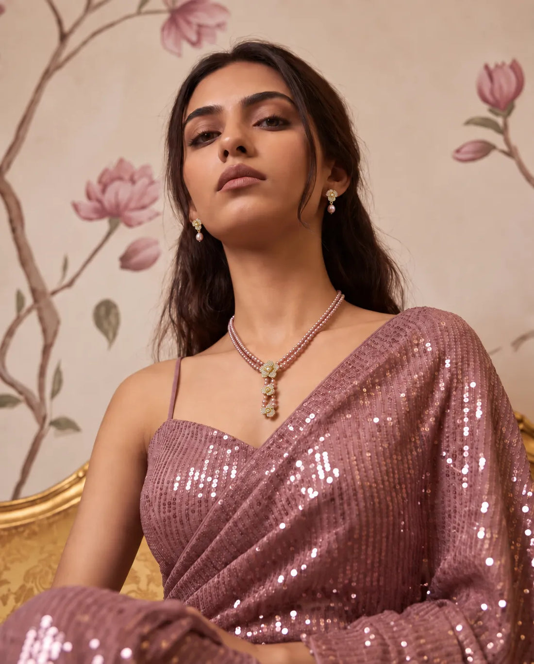 Gold-Plated Cascading Floral Double-Strand Pink Pearl Necklace Set