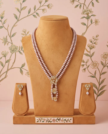 Gold-Plated Cascading Floral Double-Strand Pink Pearl Necklace Set