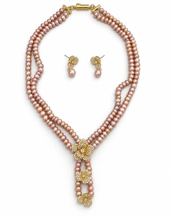 Gold-Plated Cascading Floral Double-Strand Pink Pearl Necklace Set