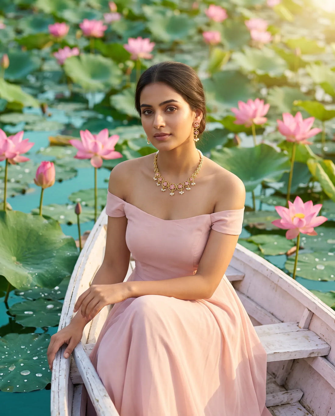 Pink Enamel Lotus Circular Motif Pearl Necklace Set