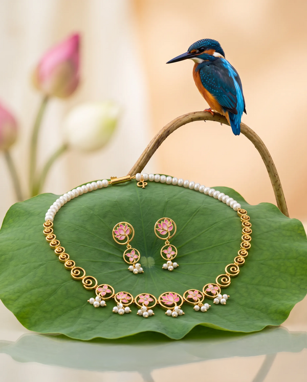 Pink Enamel Lotus Circular Motif Pearl Necklace Set