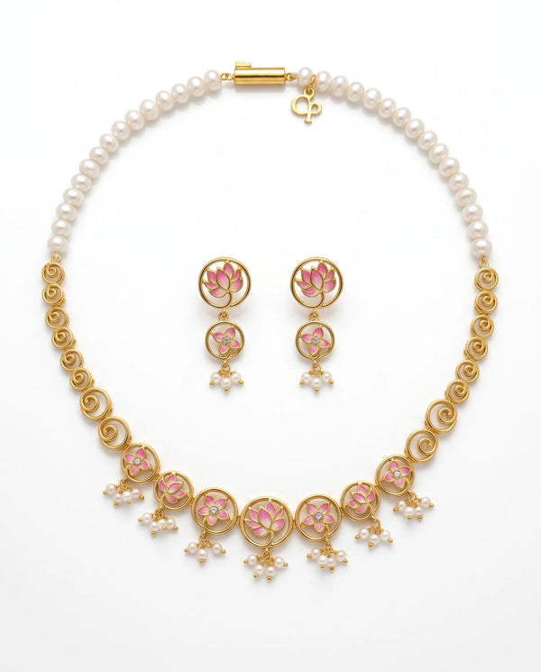 Pink Enamel Lotus Circular Motif Pearl Necklace Set