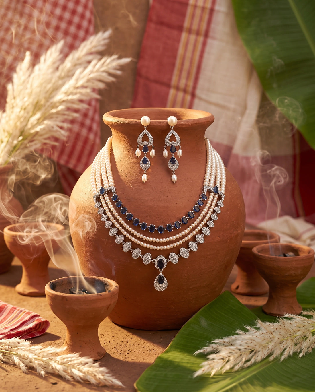 Silver-Tone Multi-Strand Pearl & Sapphire Jewellery Set