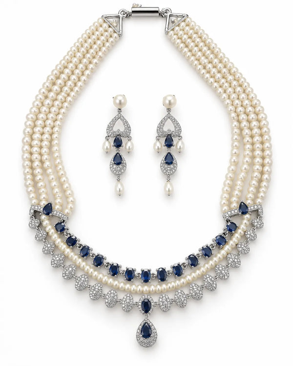Silver-Tone Multi-Strand Pearl & Sapphire Jewellery Set