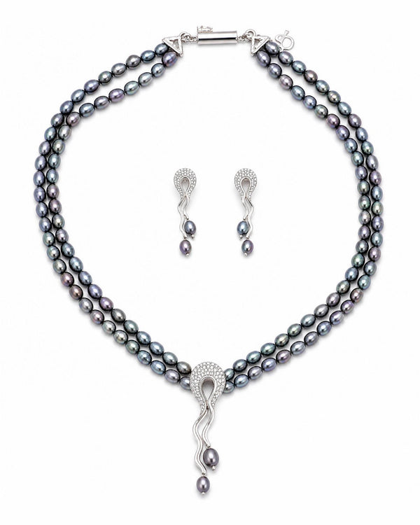 Modern Wave Double-Strand Black Pearl Jewellery Set