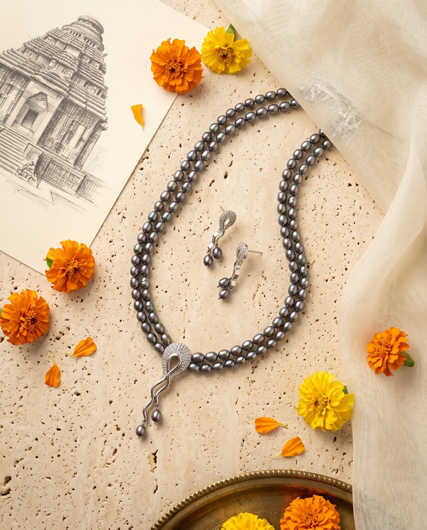 Modern Wave Double-Strand Black Pearl Jewellery Set